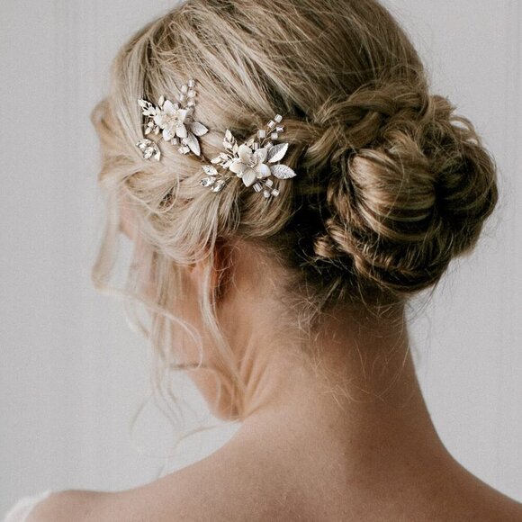 Wedding Hair Pins Set Silver Beaded Ceramic Flower Bridal Hair Accessories main image 7